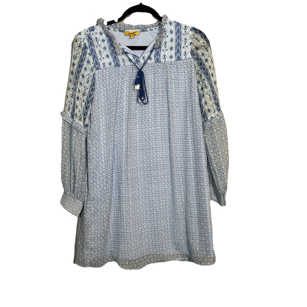 Globaldesi Shift Dress Size Small Blue Patterned Long Sleeve Boho Flowy Peasant